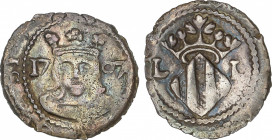 Spanish Monarchy
Charles III, Pretender
Divuité. 1707. VALENCIA. Rev.: Escudo entre L - L. 1,73 grs. AC-26. MBC-/MBC.
