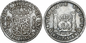 Spanish Monarchy
Philip V
8 Reales. 1734. MÉXICO. M.F. 26,75 grs. Columnario. (Leves golpes). AC-1442. MBC.