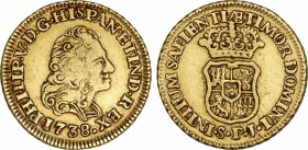 Spanish Monarchy
Philip V
1 Escudo. 1738/7. SEVILLA. P.J. 3,34 grs. Rectificación de fecha visible en la parte superior derecha del 8. ESCASA. AC-18...