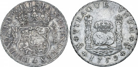 Spanish Monarchy
Ferdinand VI
8 Reales. 1759. MÉXICO. M.M. 26,95 grs. Columnario. (Rayitas, leves oxidaciones). Pátina. AC-495. MBC.