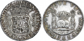 Spanish Monarchy
Charles III
8 Reales. 1766. LIMA. J.M. 26,79 grs. Columnario. Punto sobre la primera L de LIMA. Pátina. AC-1026. MBC+.