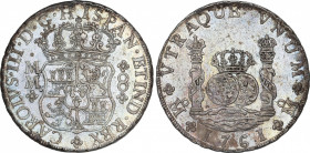 Spanish Monarchy
Charles III
8 Reales. 1761. MÉXICO. M.M. 26,91 grs. Columnario. (Manchitas). Ligera pátina irisada con brillo original. BELLA. AC-1...
