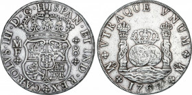 Spanish Monarchy
Charles III
8 Reales. 1767. MÉXICO. M.F. 26,90 grs. Columnario. (Leves golpecitos, limpiada; Leves oxidaciones). AC-1092. (MBC+).