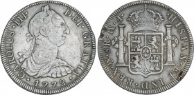 Spanish Monarchy
Charles III
8 Reales. 1772. MÉXICO. F.M. 26,66 grs. Ceca y ensayador invertidos. Acuñación floja en parte en reverso. ESCASA. AC-11...