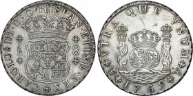 Spanish Monarchy
Charles III
8 Reales. 1769. POTOSÍ. J.R. 26,73 grs. Columnario. 9 curvo sobre 9 recto en fecha. Punto encima de los anagramas. (Per...