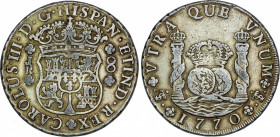Spanish Monarchy
Charles III
8 Reales. 1770. POTOSÍ. J.R. 26,78 grs. Columnario. Puntos encima de los anagramas de la ceca. Pátina amarillenta. AC-1...