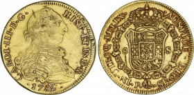 Spanish Monarchy
Charles III
8 Escudos. 1785. POPAYÁN. S.F. 26,81 grs. (Rayitas, pequeñas hojitas y golpecitos en gráfila). AC-2054; XC-1025. MBC/MB...