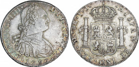 Spanish Monarchy
Charles IV
8 Reales. 1797. LIMA. I.J. 27,06 grs. (Raya de ajuste de anverso). Ligera pátina irisada. AC-915. MBC+.