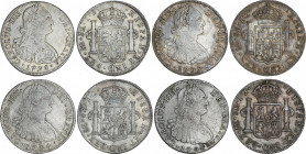 Spanish Monarchy
Charles IV
Lote 4 monedas 8 Reales. 1792, 1794, 1795 y 1798. LIMA. I.J. A EXAMINAR. AC-908, 910, 912, 916. MBC a MBC+.
