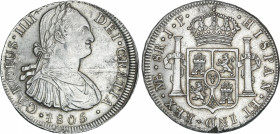 Spanish Monarchy
Charles IV
8 Reales. 1805. LIMA. J.P. 27,06 grs. (Oxidaciones limpiadas y hoja en canto). AC-925. EBC.