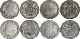 Spanish Monarchy
Charles IV
Lote 4 monedas 8 Reales. 1799, 1805, 1806 y 1807. LIMA. I.J. y J.P. 1806 con resellos chinos. A EXAMINAR. AC-917, 925, 9...