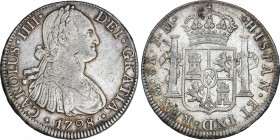 Spanish Monarchy
Charles IV
8 Reales. 1798. MÉXICO. F.M. 26,87 grs. (Leves golpecitos y Pequeñas oxidaciones en canto). Restos de brillo en reverso....