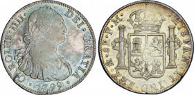 Spanish Monarchy
Charles IV
8 Reales. 1799. MÉXICO. F.M. 26,98 grs. (Levísimas grietas en canto). Bonita pátina irisada en anverso y dorada en rever...