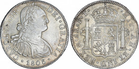 Spanish Monarchy
Charles IV
8 Reales. 1803. MÉXICO. F.T. 26,97 grs. Acuñación parcialmente floja. Ligera pátina acerada con restos de brillo origina...