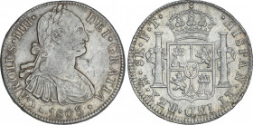 Spanish Monarchy
Charles IV
8 Reales. 1803. MÉXICO. F.T. 26,91 grs. (Rayitas en anverso). Restos de brillo original. AC-977. MBC+/EBC-.