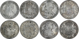 Spanish Monarchy
Charles IV
Lote 4 monedas 8 Reales. 1794, 1801, 1802 y 1804. MÉXICO. F.M., F.T. y T.H. 1794 con resellos chinos, 1804 barnizada. A ...