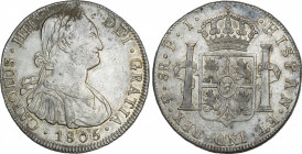 Spanish Monarchy
Charles IV
8 Reales. 1805. POTOSÍ. P.J. 26,90 grs. (Pequeñas oxidaciones en anverso). Restos de brillo original. Pátina. AC-983. (E...