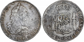 Spanish Monarchy
Charles IV
8 Reales. 1789. POTOSÍ. P.R. 26,33 grs. Busto de Carlos III. Acuñación descuidada y floja en parte. (Oxidaciones y Rayit...