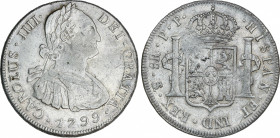 Spanish Monarchy
Charles IV
8 Reales. 1799. POTOSÍ. P.P. 27,01 grs. Acuñación algo floja en parte. AC-1003. EBC-.