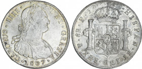 Spanish Monarchy
Charles IV
8 Reales. 1807. POTOSÍ. P.J. 26,95 grs. Pequeñas hojitas. Resto de pátina. Ligera pátina. AC-1013. EBC-/EBC.