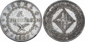 Spanish Monarchy
Napoleonic Occupation of Catalonia
5 Pesetas. 1809. BARCELONA. 26,96 grs. (Pequeños golpes). Plata algo porosa en anverso. AC-45. M...