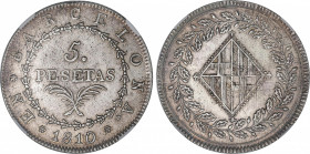 Spanish Monarchy
Napoleonic Occupation of Catalonia
5 Pesetas. 1810. BARCELONA. Encapsulada por NGC (nº 4711740-008) como MS 62+. (Leves rayitas en ...