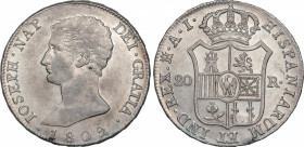 Spanish Monarchy
Joseph Napoleon
20 Reales. 1809. MADRID. A.I. 26,65 grs. Águila grande. Parte de brillo original en anverso y brillo original en re...