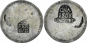 Spanish Monarchy
Ferdinand VII
1 Duro. 1808. GIRONA. 26,36 grs. (Defecto de acuñación en cospel). AC-1201. MBC-.