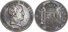 Spanish Monarchy
Ferdinand VII
20 Reales. 1822. MADRID. S.R. 26,81 grs. Bonita pátina oscura. ESCASA. AC-1282. MBC.