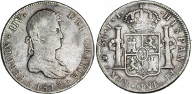 Spanish Monarchy
Ferdinand VII
8 Reales. 1813. POTOSÍ. P.J. 26,80 grs. Error numeral del rey IIV. (Leves rayitas). RARA. AC-1376. MBC-/MBC.