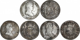 Spanish Monarchy
Ferdinand VII
Lote 3 monedas 8 Reales. 1821 y (2x) 1825. POTOSÍ. P.J. y J.L. Pátina. A EXAMINAR. AC-1385, 1394. MBC- a MBC.