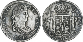 Spanish Monarchy
Ferdinand VII
8 Reales. 1819. ZACATECAS. A.G. 26,43 grs. (Rayitas). ESCASA. AC-No Cat; Cal-690. (MBC+).