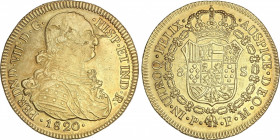 Spanish Monarchy
Ferdinand VII
8 Escudos. 1820. POPAYÁN. F.M. 26,98 grs. Busto de Carlos IV. (Hojitas en anverso). AC-1825; XC--1302. (EBC-).