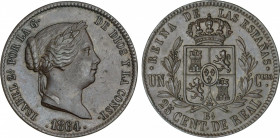 Spanish Monarchy
Elisabeth II
25 Céntimos de Real. 1864. BARCELONA. 9,65 grs. ESCASA. AC-182. EBC-.