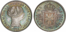 Spanish Monarchy
Elisabeth II
2 Reales. 1855. MADRID. 2,55 grs. Bella pátina irisada. BONITA PIEZA. AC-370. SC-.