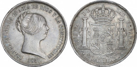 Spanish Monarchy
Elisabeth II
20 Reales. 1851. MADRID. 25,92 grs. (Pequeños golpecitos). Bonita pátina. AC-593. MBC+.