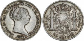 Spanish Monarchy
Elisabeth II
20 Reales. 1854. MADRID. 25,56 grs. Pátina. AC-596. MBC+.