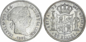 Spanish Monarchy
Elisabeth II
20 Reales. 1860. MADRID. 25,60 grs. (Golpecitos). AC-617. MBC/MBC+.