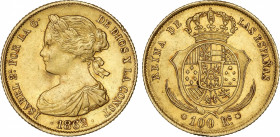 Spanish Monarchy
Elisabeth II
100 Reales. 1862. SEVILLA. 8,36 grs. (Leves golpecitos en gráfila del anverso). AC-805. EBC-.