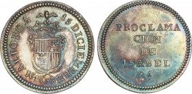 Spanish Monarchy
Elisabeth II
Medalla Proclamación. 15 Diciembre 1833. PALMA DE MALLORCA. 3,29 grs. AR. Ø 22 mm. Pátina y brillo original. ESCASA Y ...
