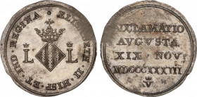 Spanish Monarchy
Elisabeth II
Medalla Proclamación. 19 Noviembre 1833. VALENCIA. 2,72 grs. AR. Ø 20 mm. (Rayas de ajuste). He-35. SC.