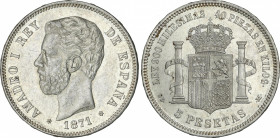Amadeus I
5 Pesetas. 1871 (*18-71). S.D.-M. (Levísimas rayitas). Brillo original. BONITA PIEZA. EBC.