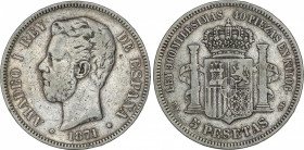 Amadeus I
5 Pesetas. 1870 (*18-73). D.E.-M. Trazo superior del 3 recto. ESCASA. MBC- .