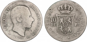 Alfonso XII
10 Centavos de Peso. 1880. MANILA. MUY RARA. BC+/MBC-.