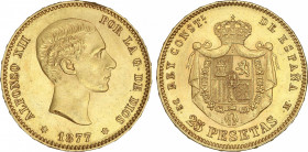 Alfonso XII
25 Pesetas. 1877 (*18-77). D.E.-M. Restos de brillo original. (Golpecito en gráfila del anverso). EBC.