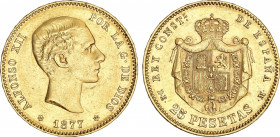 Alfonso XII
25 Pesetas. 1877 (*18-77). D.E.-M. (Pequeños golpecitos). EBC-.