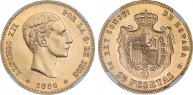 Alfonso XII
25 Pesetas. 1880 (*18-80). M.S.-M. 8,06 grs. Precintado y garantizado por NGC (nº 5777995-003) como MS 63. Brillo original. SC.