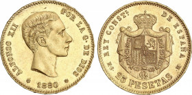Alfonso XII
25 Pesetas. 1880 (*18-80). M.S.-M. Restos de brillo original. EBC.