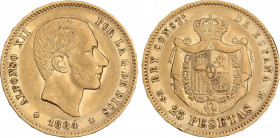 Alfonso XII
25 Pesetas. 1884 (*18-84). M.S.-M. Cifras de la segunda estrella algo flojas. Pátina irregular. MBC.