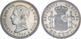 Alfonso XIII
50 Céntimos. 1904 (*0-4). S.M.-V. Encapsulada por NGC (nº 4916886-004) como MS65. Pleno brillo original con ligera pátina dorada. SC.